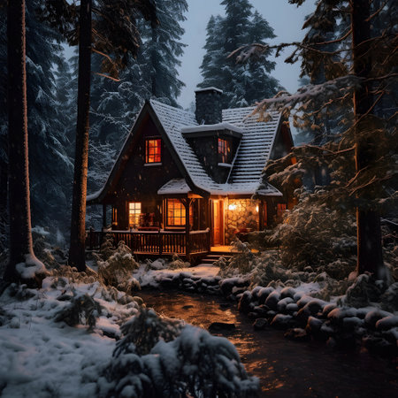 Wooden cottage in the winter forest at night. Christmas and New Year concept.の素材