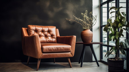 Brown leather armchair in modern living room, interior design concept.の素材