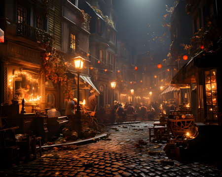 Old european street at night with people walking in the fogの素材