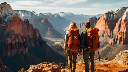 Hiking couple with backpacks in Zion National Park, Utah, USAの素材