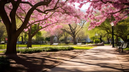 Beautiful pink cherry blossom trees in the park in spring.の素材