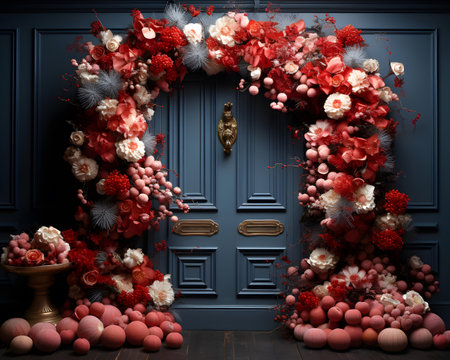 Wedding decoration in classic interior. Classic blue wall with wreath of flowers. 3d renderingの素材