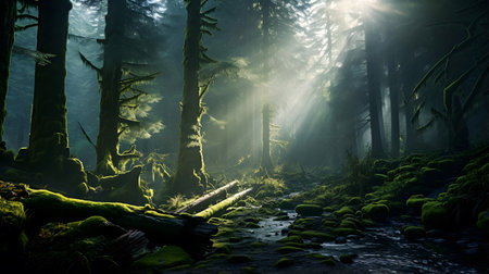 Mysterious dark forest with tree trunks, sun rays and fogの素材