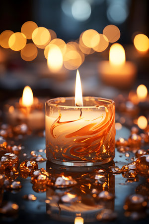Burning wax candle on dark background with bokeh effect.の素材