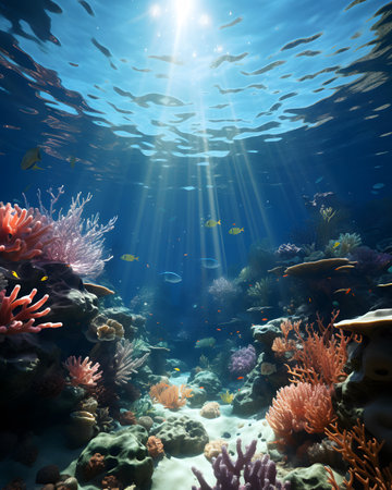 Underwater landscape with coral reef and tropical fish. 3d renderingの素材