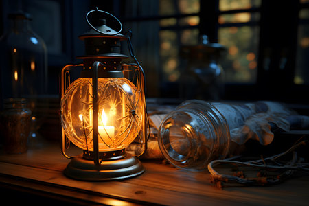Vintage kerosene lamp on wooden table in dark room.の素材