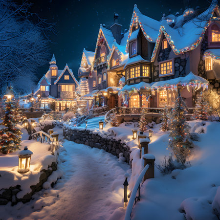 Christmas village in the snow at night. Beautiful winter landscape with a Christmas tree.の素材