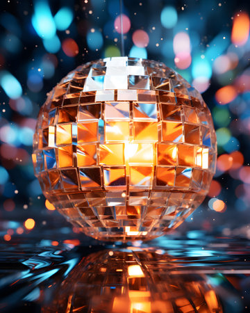 Disco ball on bokeh background. 3d illustrations.の素材