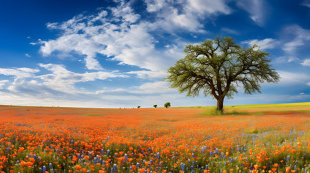 Lonely tree in a field of poppies in springの素材