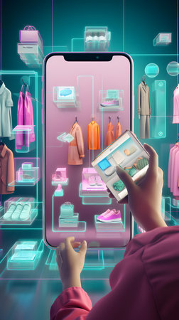 Woman using smart phone to shop online. 3D rendering illustration.の素材