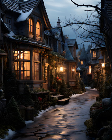 Beautiful winter fairy tale forest with wooden houses and lanterns.の素材