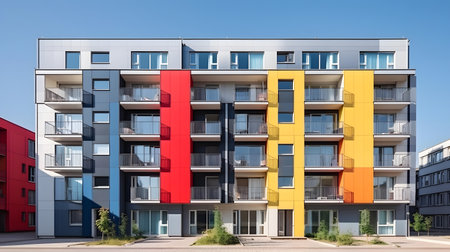 Modern apartment buildings on a sunny day with a blue sky. Facade of a modern apartment buildingの素材
