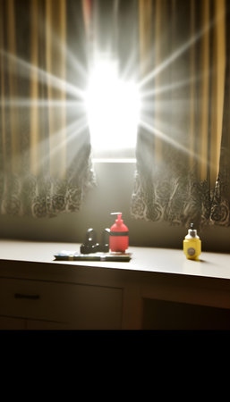 Sunlight shines through the curtains on the interior of the room.の素材