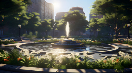 City park with fountain and buildings in the evening, 3d renderの素材