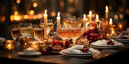 Festive table setting with glasses of wine, candles and Christmas decorationsの素材