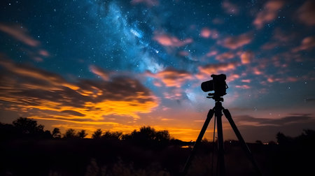 Silhouette of a camera on a tripod against the background of the night sky.の素材