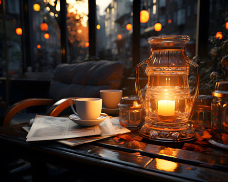 Lanterns and a cup of coffee on a table in a cafeの素材