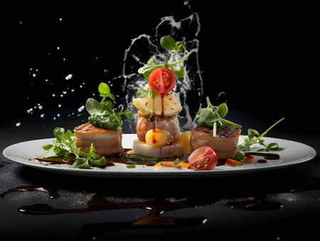 Grilled fish fillet with vegetables and sauce on a black backgroundの素材