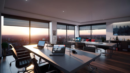 Modern office interior with panoramic city view. 3D renderingの素材