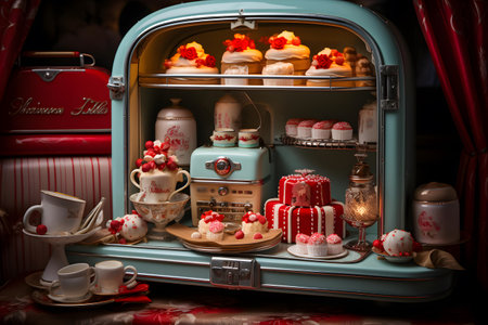 Cupcakes and meringues in a blue vintage cupboardの素材