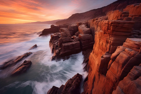 Beautiful sunset over the sea with red rocks on the foreground.の素材