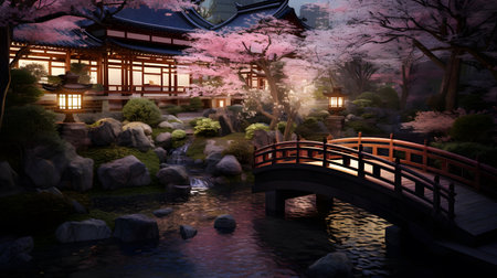 Japanese garden with cherry blossoms and lanterns. 3D renderingの素材