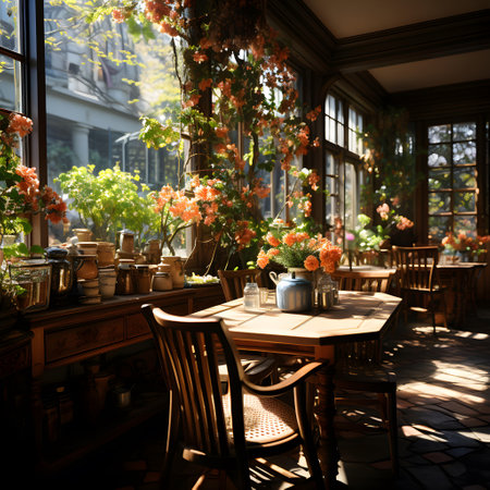 Interior of a cozy cafe with flowers in a sunny day.の素材