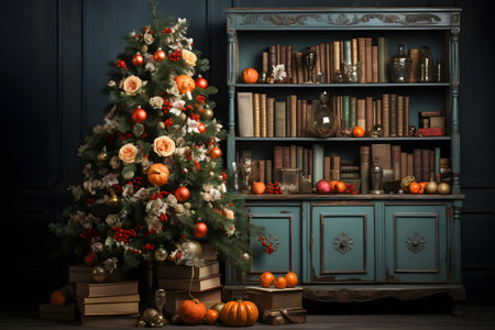 Decorated Christmas tree, books and pumpkins in the living roomの素材