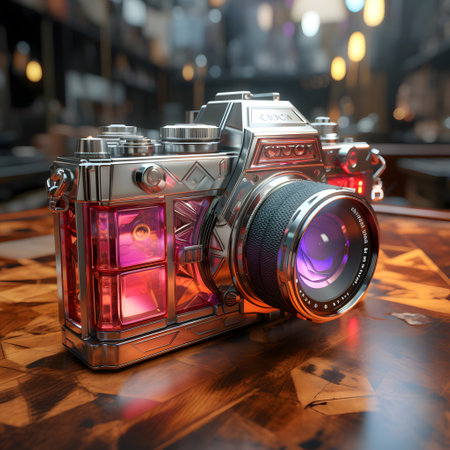 3D rendering of a retro camera on a table in a cafeの素材