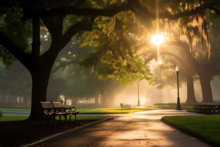 Bench in the park in the morning with fog and sunbeamsの素材
