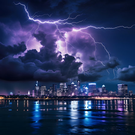 Storm over the city and the river with lightning in the night.の素材