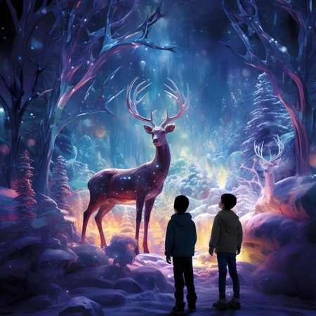 Children and deer in the winter forest. 3D illustrations. fantasy.の素材