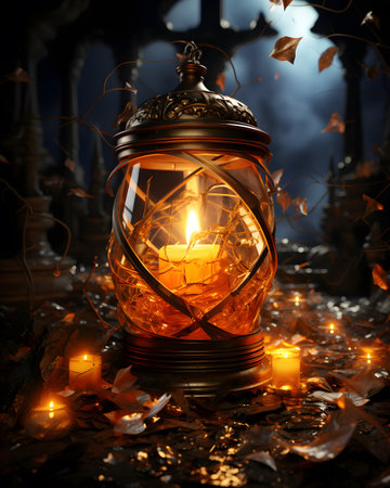 Lantern with burning candles on dark background. Halloween concept.の素材