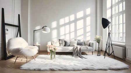 Interior of modern living room with white sofa, armchair and lampの素材