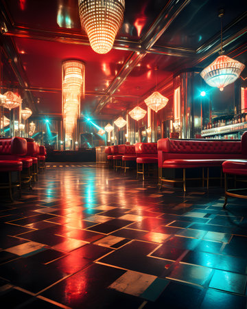 Beautiful interior of a night club with bright red chairs and tablesの素材