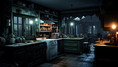3d rendering of an old kitchen in a dark room at nightの素材