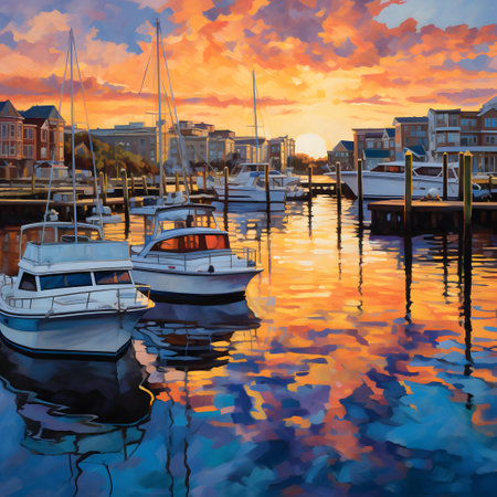 Yachts and boats in harbor at sunset. Digital painting.の素材