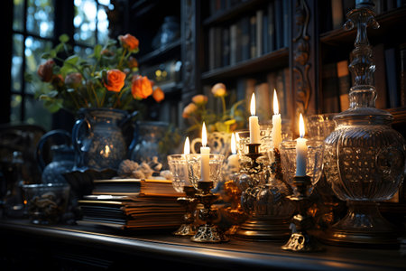 Vintage candlestick with burning candles, books and flowers on the tableの素材