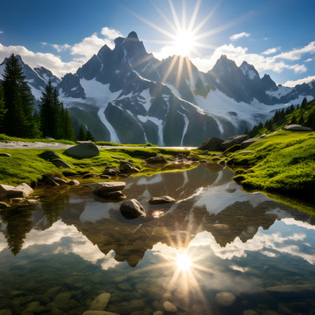 Mountain lake with reflection in the water, Dolomites, Italyの素材