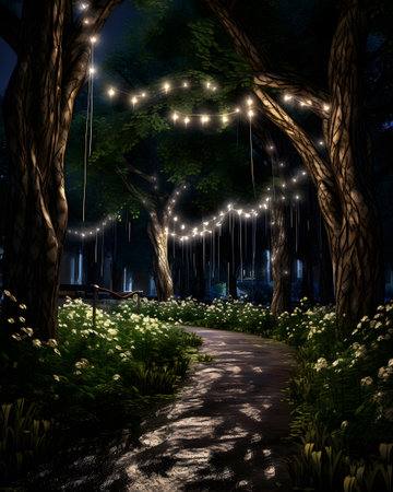 Lights on the trees at night in the park. 3d renderingの素材