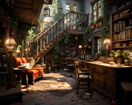 3D rendering of an old library in a Victorian house with a staircaseの素材