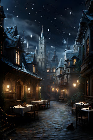 Night view of the old town in the fog. Magical atmosphere.の素材