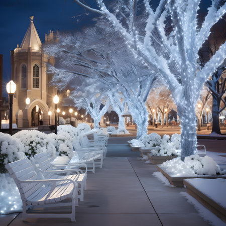 Winter evening in the park with snow covered trees, benches and lights.の素材
