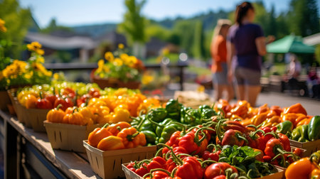 Colorful bell peppers in boxes on the counter of a farmers marketの素材