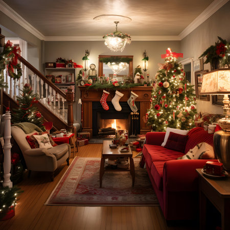 Interior of living room with Christmas tree, fireplace and armchairの素材