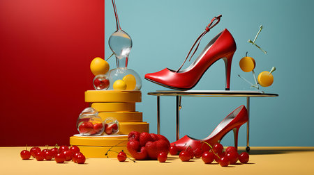 3d render of red high heel shoes on pedestal with cherriesの素材