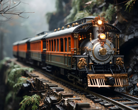 Train in the forest. Steam locomotive in foggy forest.の素材