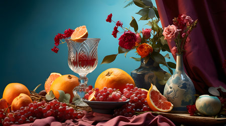 Still life with fruits and flowers on a blue background. Still lifeの素材