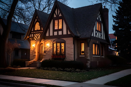 Night view of a beautiful house in the park. Evening light.の素材