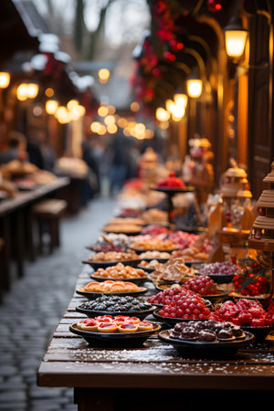 Traditional Christmas market in Riga, Latvia. Traditional Christmas sweets and candies on the table.の素材